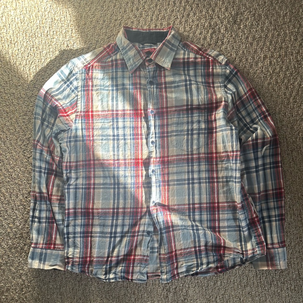 Merona Men's Plaid Cotton Long Sleeve Button-Up Shirt Red Blue Size L